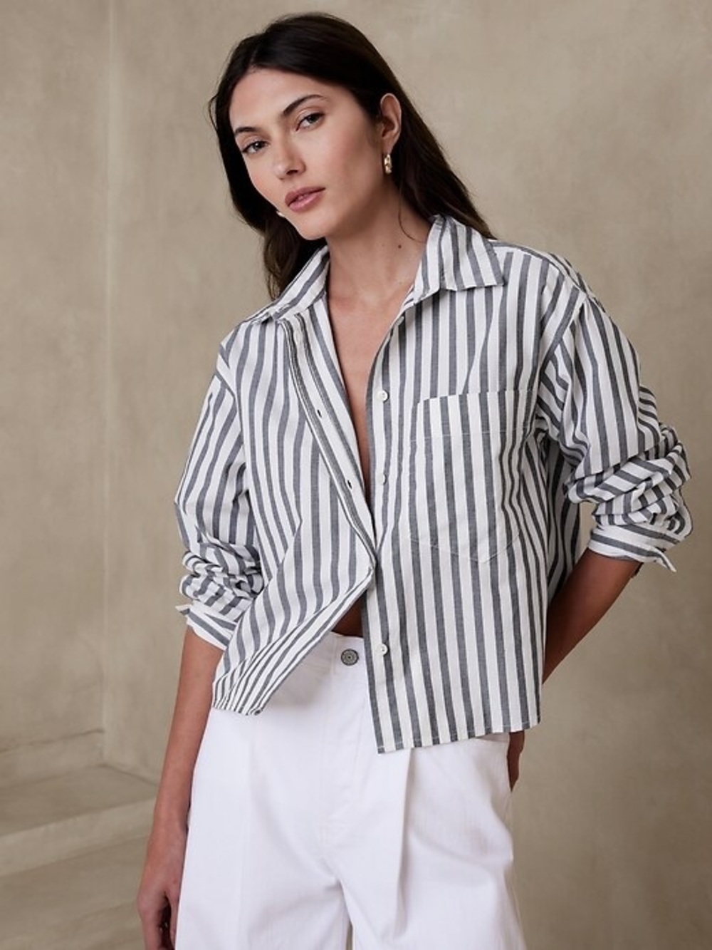 Banana Republic the boxy cropped button down shirt in green stripe NWT - Picture 1 of 8